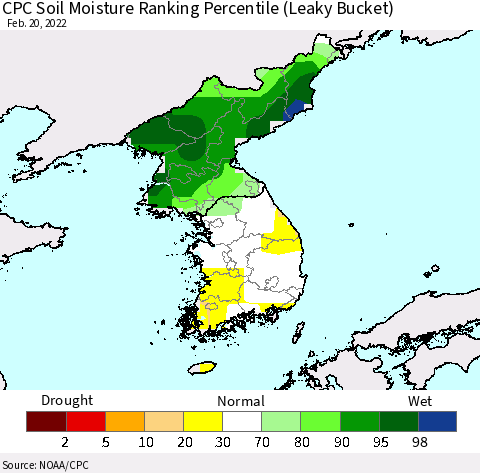Korea CPC Calculated Soil Moisture Ranking Percentile Thematic Map For 2/16/2022 - 2/20/2022