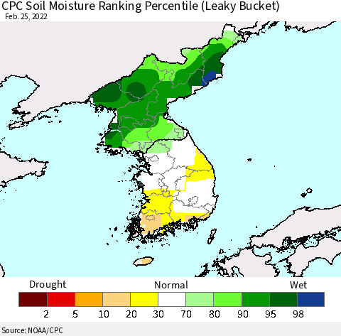 Korea CPC Calculated Soil Moisture Ranking Percentile Thematic Map For 2/21/2022 - 2/25/2022