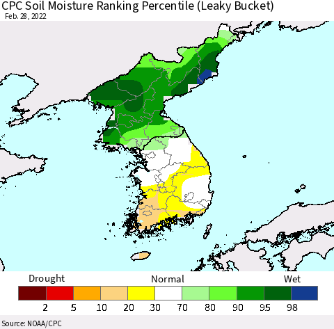 Korea CPC Soil Moisture Ranking Percentile (Leaky Bucket) Thematic Map For 2/26/2022 - 2/28/2022