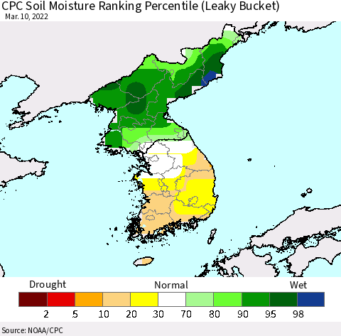 Korea CPC Calculated Soil Moisture Ranking Percentile Thematic Map For 3/6/2022 - 3/10/2022