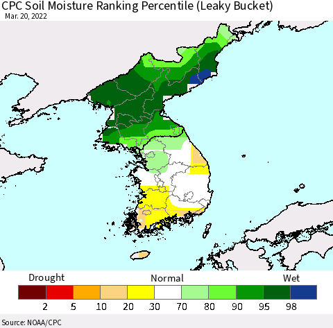 Korea CPC Soil Moisture Ranking Percentile (Leaky Bucket) Thematic Map For 3/16/2022 - 3/20/2022