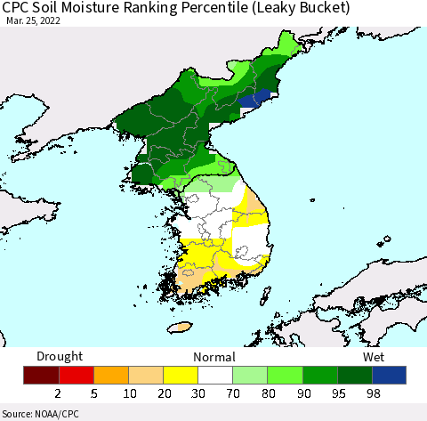 Korea CPC Soil Moisture Ranking Percentile (Leaky Bucket) Thematic Map For 3/21/2022 - 3/25/2022