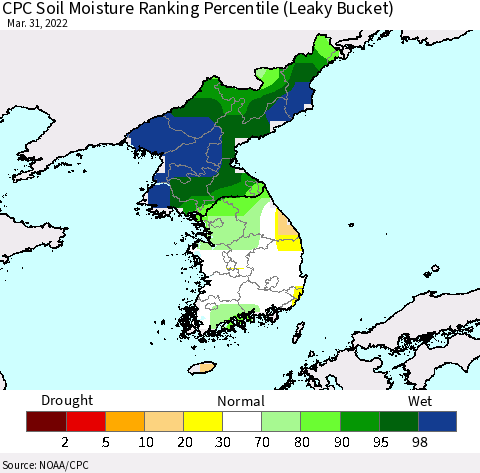 Korea CPC Calculated Soil Moisture Ranking Percentile Thematic Map For 3/26/2022 - 3/31/2022