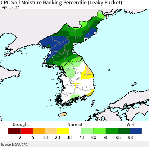 Korea CPC Soil Moisture Ranking Percentile (Leaky Bucket) Thematic Map For 4/1/2022 - 4/5/2022