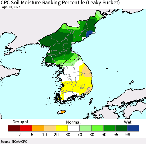 Korea CPC Calculated Soil Moisture Ranking Percentile Thematic Map For 4/6/2022 - 4/10/2022