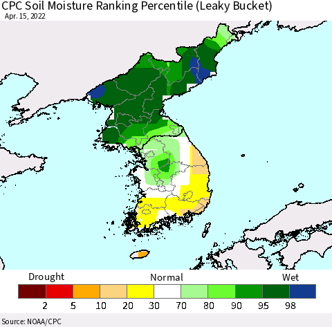 Korea CPC Soil Moisture Ranking Percentile (Leaky Bucket) Thematic Map For 4/11/2022 - 4/15/2022