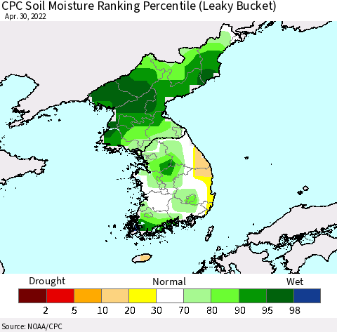 Korea CPC Soil Moisture Ranking Percentile (Leaky Bucket) Thematic Map For 4/26/2022 - 4/30/2022