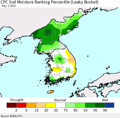 Korea CPC Soil Moisture Ranking Percentile (Leaky Bucket) Thematic Map For 5/1/2022 - 5/5/2022
