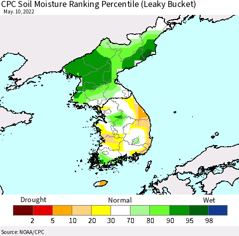 Korea CPC Soil Moisture Ranking Percentile (Leaky Bucket) Thematic Map For 5/6/2022 - 5/10/2022