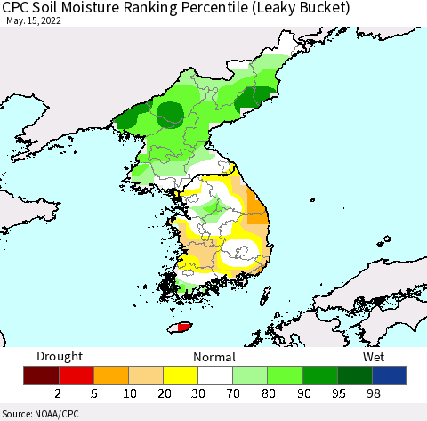 Korea CPC Calculated Soil Moisture Ranking Percentile Thematic Map For 5/11/2022 - 5/15/2022