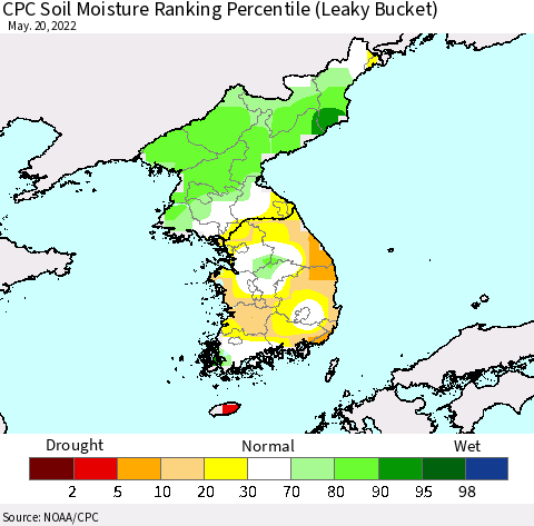 Korea CPC Soil Moisture Ranking Percentile (Leaky Bucket) Thematic Map For 5/16/2022 - 5/20/2022