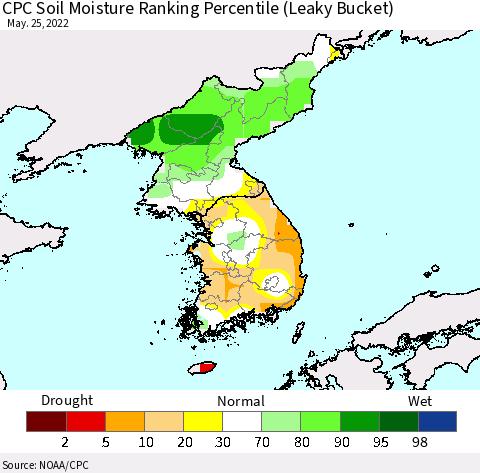 Korea CPC Calculated Soil Moisture Ranking Percentile Thematic Map For 5/21/2022 - 5/25/2022