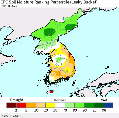 Korea CPC Calculated Soil Moisture Ranking Percentile Thematic Map For 5/26/2022 - 5/31/2022