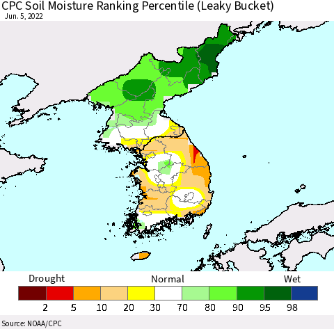 Korea CPC Calculated Soil Moisture Ranking Percentile Thematic Map For 6/1/2022 - 6/5/2022
