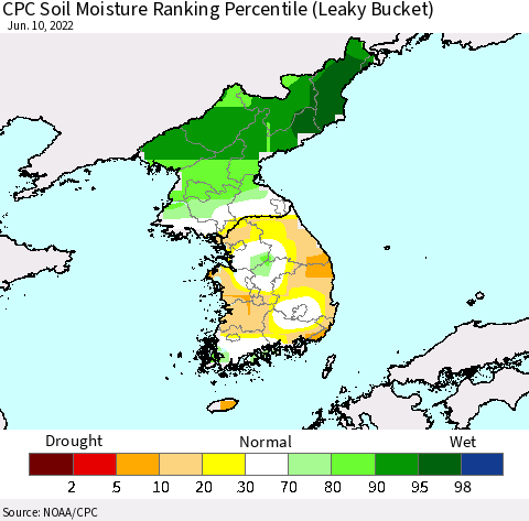 Korea CPC Calculated Soil Moisture Ranking Percentile Thematic Map For 6/6/2022 - 6/10/2022