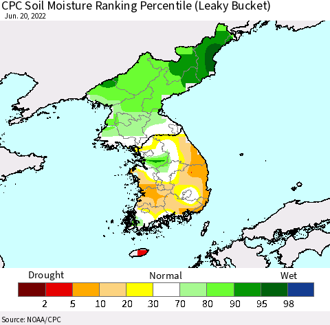 Korea CPC Soil Moisture Ranking Percentile (Leaky Bucket) Thematic Map For 6/16/2022 - 6/20/2022