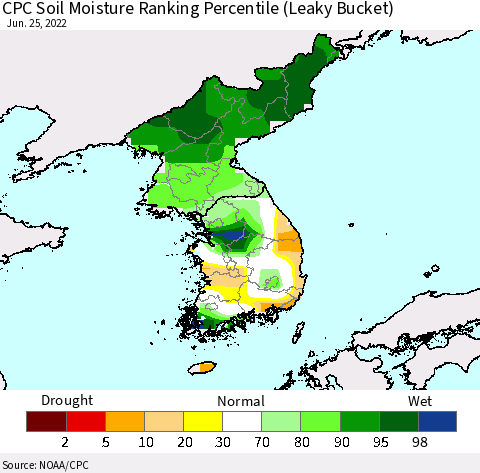 Korea CPC Soil Moisture Ranking Percentile (Leaky Bucket) Thematic Map For 6/21/2022 - 6/25/2022