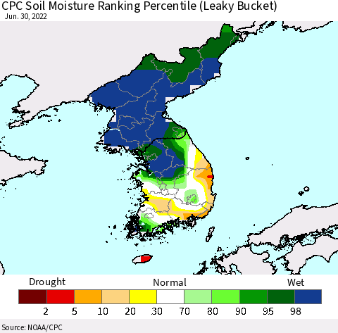Korea CPC Calculated Soil Moisture Ranking Percentile Thematic Map For 6/26/2022 - 6/30/2022