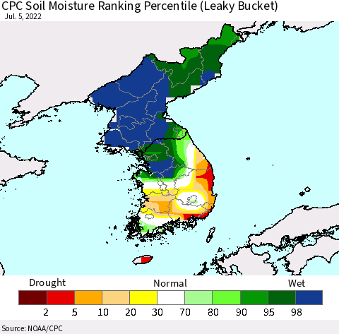 Korea CPC Calculated Soil Moisture Ranking Percentile Thematic Map For 7/1/2022 - 7/5/2022