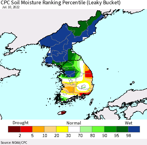 Korea CPC Calculated Soil Moisture Ranking Percentile Thematic Map For 7/6/2022 - 7/10/2022