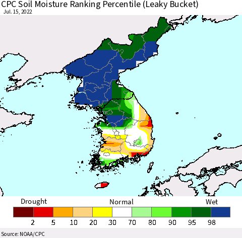 Korea CPC Calculated Soil Moisture Ranking Percentile Thematic Map For 7/11/2022 - 7/15/2022