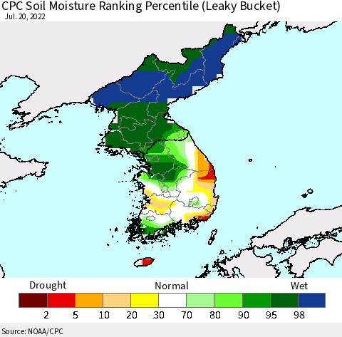 Korea CPC Calculated Soil Moisture Ranking Percentile Thematic Map For 7/16/2022 - 7/20/2022