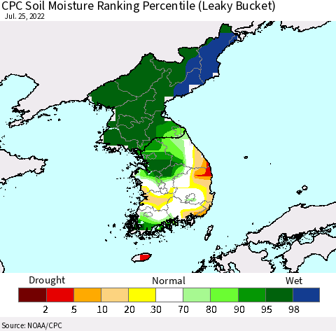 Korea CPC Soil Moisture Ranking Percentile (Leaky Bucket) Thematic Map For 7/21/2022 - 7/25/2022