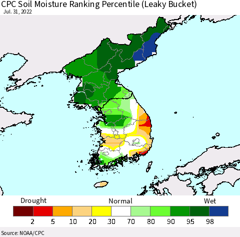 Korea CPC Calculated Soil Moisture Ranking Percentile Thematic Map For 7/26/2022 - 7/31/2022