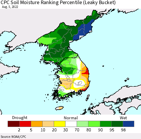 Korea CPC Soil Moisture Ranking Percentile (Leaky Bucket) Thematic Map For 8/1/2022 - 8/5/2022