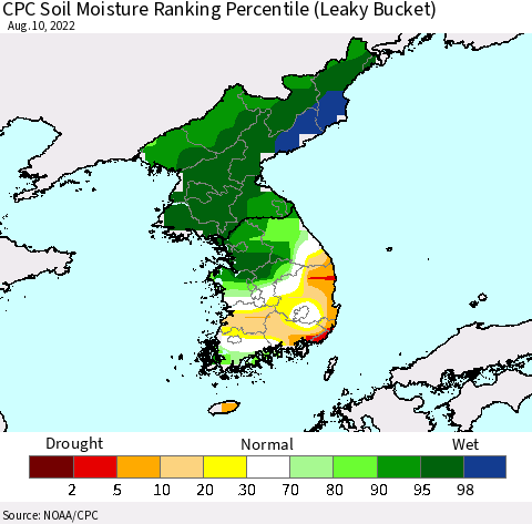 Korea CPC Calculated Soil Moisture Ranking Percentile Thematic Map For 8/6/2022 - 8/10/2022