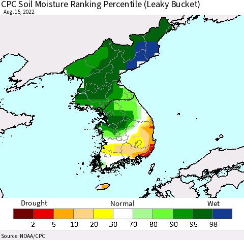 Korea CPC Calculated Soil Moisture Ranking Percentile Thematic Map For 8/11/2022 - 8/15/2022