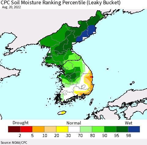 Korea CPC Calculated Soil Moisture Ranking Percentile Thematic Map For 8/16/2022 - 8/20/2022