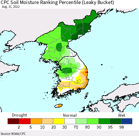 Korea CPC Calculated Soil Moisture Ranking Percentile Thematic Map For 8/26/2022 - 8/31/2022