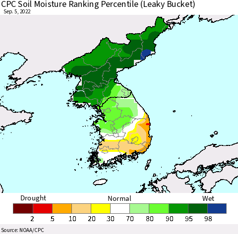 Korea CPC Calculated Soil Moisture Ranking Percentile Thematic Map For 9/1/2022 - 9/5/2022
