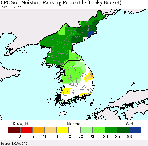 Korea CPC Calculated Soil Moisture Ranking Percentile Thematic Map For 9/6/2022 - 9/10/2022
