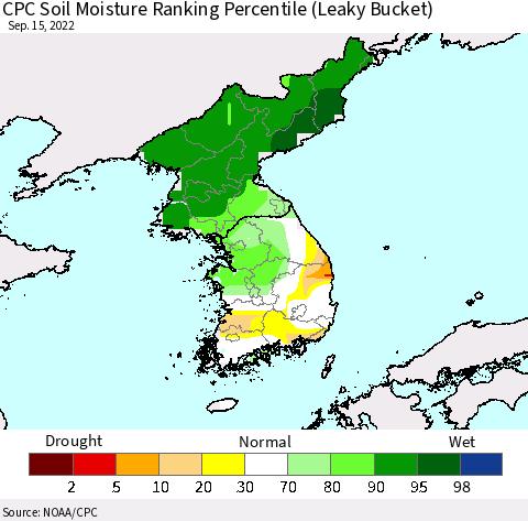 Korea CPC Calculated Soil Moisture Ranking Percentile Thematic Map For 9/11/2022 - 9/15/2022