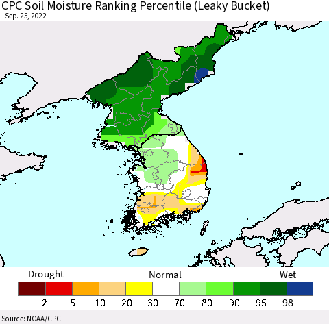 Korea CPC Soil Moisture Ranking Percentile (Leaky Bucket) Thematic Map For 9/21/2022 - 9/25/2022