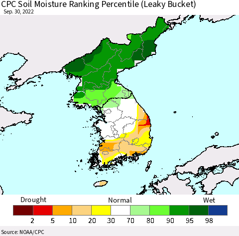 Korea CPC Calculated Soil Moisture Ranking Percentile Thematic Map For 9/26/2022 - 9/30/2022