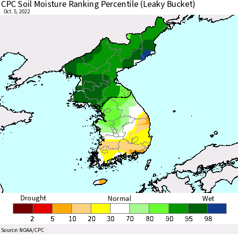 Korea CPC Calculated Soil Moisture Ranking Percentile Thematic Map For 10/1/2022 - 10/5/2022