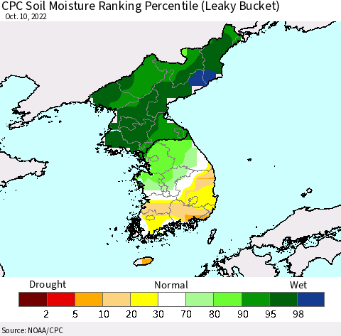 Korea CPC Calculated Soil Moisture Ranking Percentile Thematic Map For 10/6/2022 - 10/10/2022