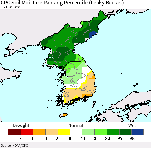 Korea CPC Soil Moisture Ranking Percentile (Leaky Bucket) Thematic Map For 10/16/2022 - 10/20/2022