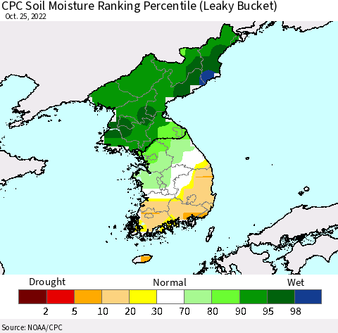 Korea CPC Calculated Soil Moisture Ranking Percentile Thematic Map For 10/21/2022 - 10/25/2022