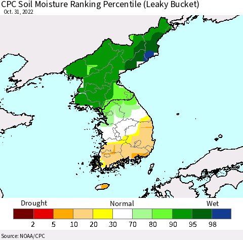 Korea CPC Calculated Soil Moisture Ranking Percentile Thematic Map For 10/26/2022 - 10/31/2022