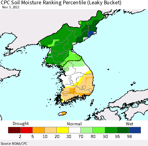 Korea CPC Calculated Soil Moisture Ranking Percentile Thematic Map For 11/1/2022 - 11/5/2022