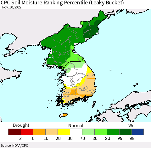 Korea CPC Calculated Soil Moisture Ranking Percentile Thematic Map For 11/6/2022 - 11/10/2022