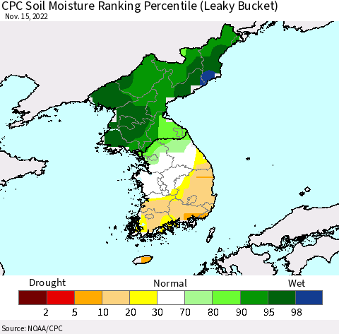 Korea CPC Calculated Soil Moisture Ranking Percentile Thematic Map For 11/11/2022 - 11/15/2022
