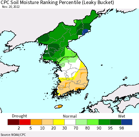 Korea CPC Calculated Soil Moisture Ranking Percentile Thematic Map For 11/16/2022 - 11/20/2022