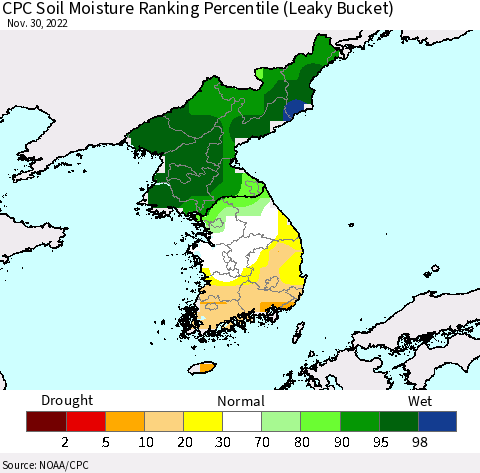 Korea CPC Calculated Soil Moisture Ranking Percentile Thematic Map For 11/26/2022 - 11/30/2022