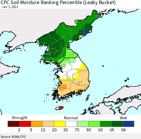 Korea CPC Calculated Soil Moisture Ranking Percentile Thematic Map For 1/1/2023 - 1/5/2023