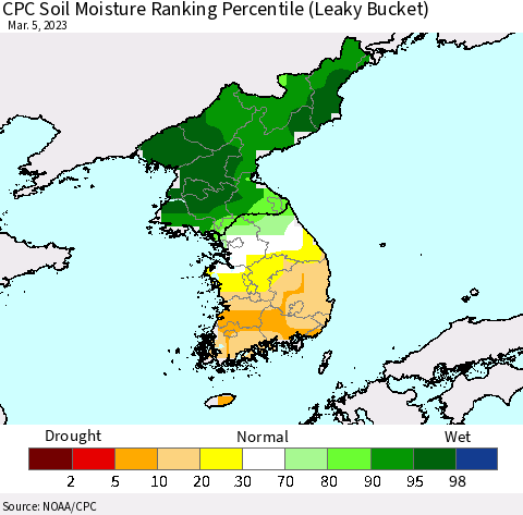 Korea CPC Soil Moisture Ranking Percentile (Leaky Bucket) Thematic Map For 3/1/2023 - 3/5/2023